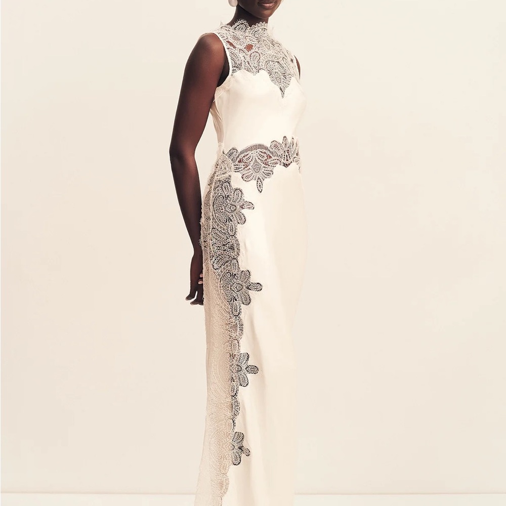 Shona Joy Stratus Sheer Lace High Neck Maxi Dress Ivory (Size 2)